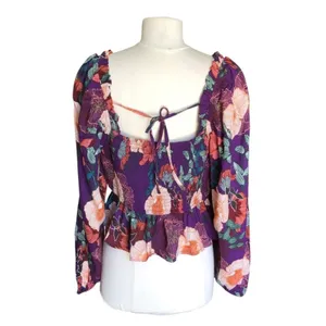 Band of the Free NWT Floriane Purple Floral Balloon Sleeve Crop Top Women Large thumbnail 6