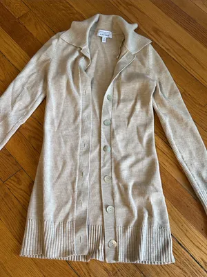 & Other Stories Wool Blend Long Fitted Ribbed Knit Collar Cardigan Beige XS thumbnail 2