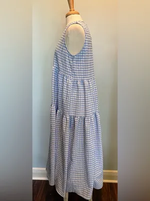 En Saison Blue/White Gingham Check Seersucker Tiered Maxi Dress size Large thumbnail 4