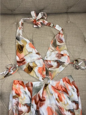 SHEIN Halter Ring-Cut Maxi Dress in Orange & Cream Swirl thumbnail 3