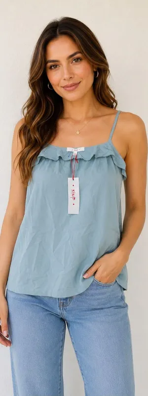 Kut from the Kloth Sage Blue Ruffle-Trim Spaghetti Strap Cami Top thumbnail 1