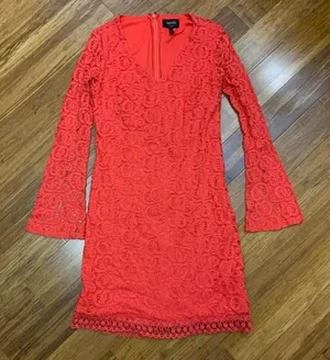 Laundry by‎ Shelli Segal Dress Womens 2 Coral Red Lace Bell Sleeve Mini Cocktail thumbnail 1