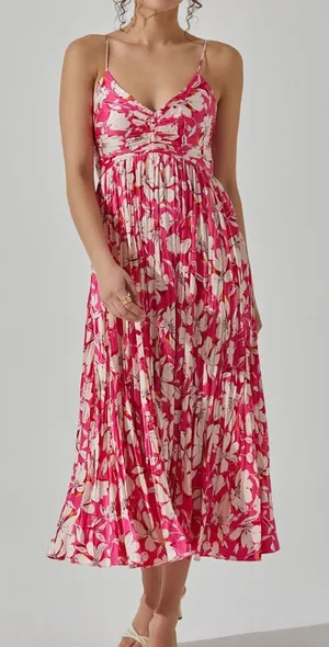 ASTR The Label Revolve Maeve Pleated Midi Dress in Pink Cream Floral thumbnail 1