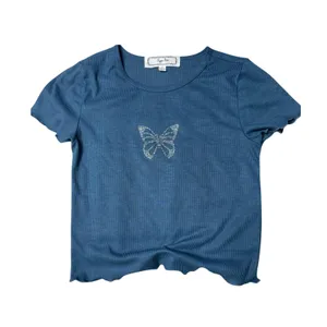 Y2K Rhinestone Butterfly Baby Tee Small Blue Coquette Ribbed Hippie Rose thumbnail 6