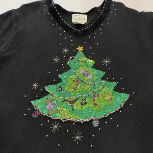 Quacker Factory Black Christmas‎ Tree Holiday V Neck Pullover Sweater Size 1X thumbnail 3