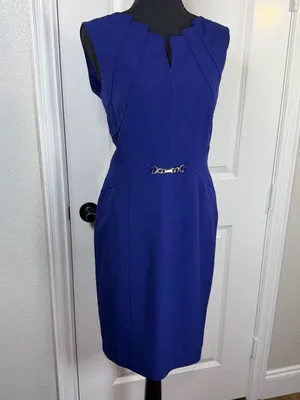 Ellen Tracy Royal Blue Notched Neck Sheath Dress w/ Horsebit Waist Detail Size 4 thumbnail 4