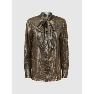 REISS Kendall Metallic Animal Print Tie Neck Blouse Gold Buttondown Size 8 thumbnail 10