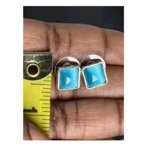 Square Turquoise Tone Stud Earrings Silver Tone Minimalist 8mm thumbnail 2