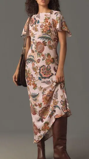 Anthropologie Kachel Flutter-Sleeve Floral Slip Maxi Dress, Size 12P thumbnail 1