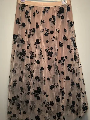 Chicwish 3D Posy Double Layered Mesh Midi Skirt in Taupe with Black Flowers Size S thumbnail 1