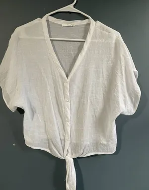 TIMING White Textured Button Front Tie Waist Dolman Sleeve Blouse Top Size S thumbnail 1