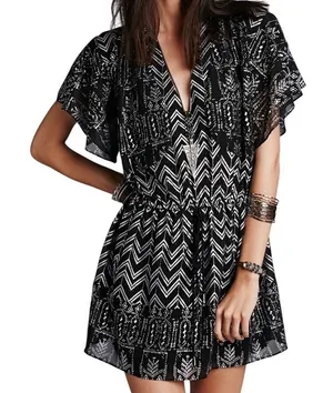 Free People Love Your Chaos Mini Tunic Dress Black Metallic Size Medium Boho thumbnail 1