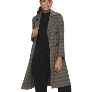 Jennifer Lopez Trench Coat Women Large Grey Plaid Double Breasted Lightweight‎ thumbnail 2