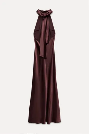 Zara maxi halter scarf satin Elegant Burgundy Brown Evening Wedding Dress thumbnail 16