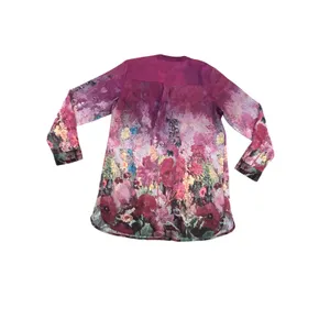 Soft Surroundings Magenta Floral Watercolor Pleated Tunic Blouse Women M Sheer thumbnail 3