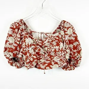 Free People Sunday Floral Linen Blend Puff Sleeve Crop Top Women's Size‎ S Boho thumbnail 2