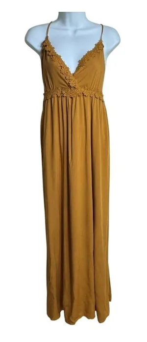 ACTIVE USA Mustard Yellow Crochet Trim Maxi Dress Spaghetti‎ Straps boho casual thumbnail 1