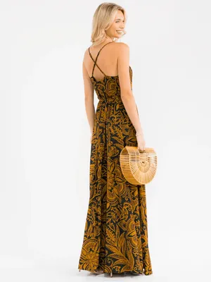 onetheland NWT Boho Floral Maxi Dress Mustard & Dark Green | Adjustable Straps thumbnail 4