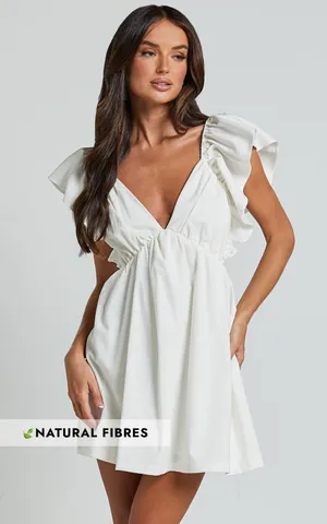 Showpo Raiza Mini Dress Ruffle Sleeve Tie Back Plunge Dress 100% Cotton In Off White! thumbnail 3