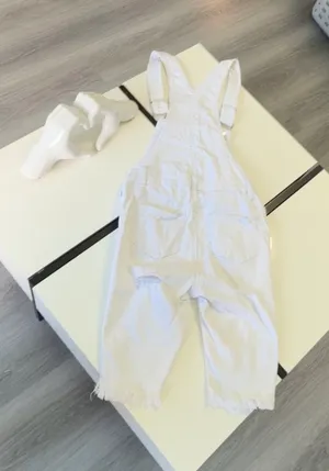 American Bazi White Distressed Denim Overalls - Size S (Fringe Hem) thumbnail 7
