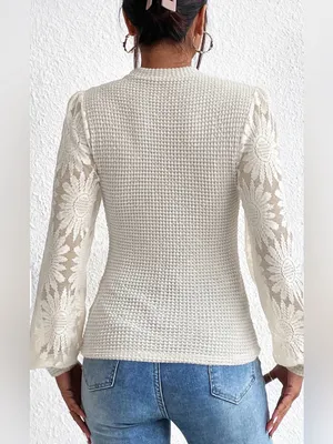 Boutique Sunflower Lace Sleeve Waffle Knit Bubble Sleeve Top M thumbnail 3
