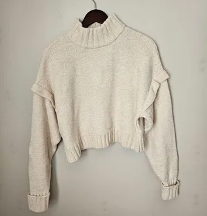 Urban Outfitters Sweater Cozy Cream Turtleneck Ruffle Cropped Neutral Chenille thumbnail 1