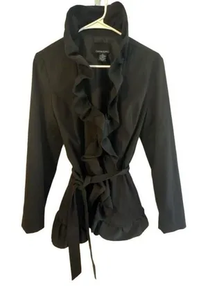 Cynthia Rowley Black Ruffle Front Jacket Blazer with Belt Size M thumbnail 1