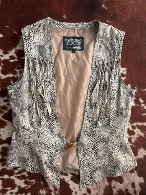 Vintage Powder River Outfitters Women's Beige Snake-Print Fringe Vest thumbnail 1