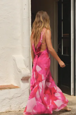 Zara Vibrant Pink long maxi Dress scarf evening party wedding coctail thumbnail 7