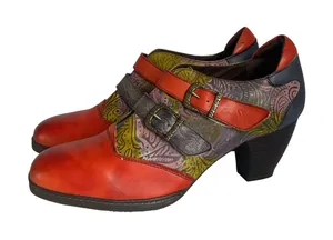 Mary Jane Leather Multicolor Heels Double Buckle Chunky Block Heel Size 9.5 thumbnail 1