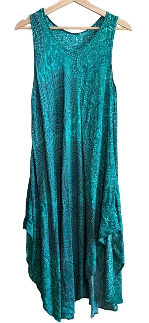 Vintage boho sleeveless turquoise flowy midi dress women's size M full skirt thumbnail 1