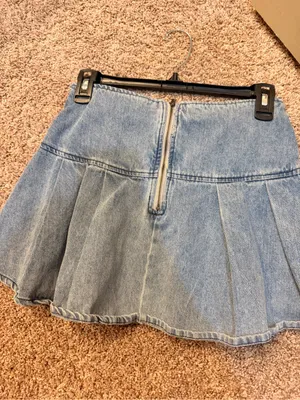 Windsor Light Blue Denim Pleated Mini Skirt with Buckle Straps thumbnail 2