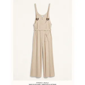 Free People‎ Jumpsuit Womens Medium FP Beach Beige Linen Blend Wide Leg Ribbed thumbnail 2