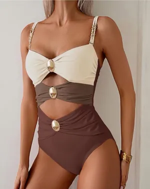 Stylish Cream and Brown Cutout Swimsuit thumbnail 1