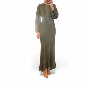 Olive Green Satin-Effect Backless Tie Maxi Dress – Long Sleeve Mermaid Silhouette thumbnail 2