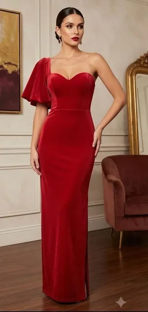 Elegant Red Velvet One-Shoulder Evening Gown with Slit thumbnail 1