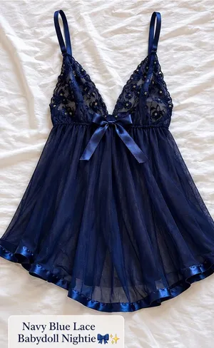 Navy Blue Lace Babydoll Nightie with Satin Bow thumbnail 1
