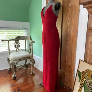J USA Red Beaded Strappy Back Y2K Maxi Evening Dress Vintage 90’s Sz Large💛🍄 thumbnail 5