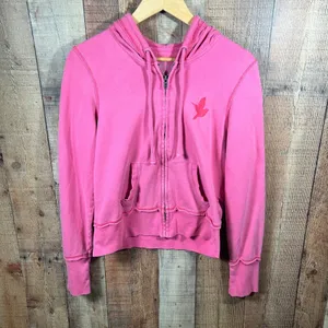 Aerie Pink Zip Up Hoodie Bird Logo Raw Hem Y2K Sweatshirt XL Casual thumbnail 2
