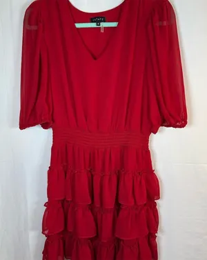 1.STATE Dress Womens M Red V-Neck Tiered Ruffle Midi Party Cocktail thumbnail 1