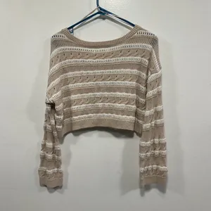 Hollister Beige and White Cropped Open-Knit Sweater thumbnail 5