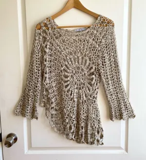 Vintage 1970s Style Crochet Knit Asymmetrical Top Size M Flare Sleeve Boho Fairy thumbnail 1