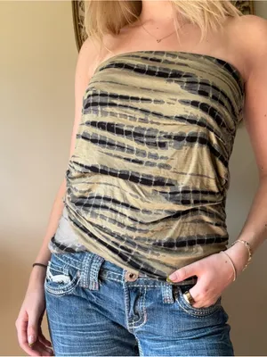 Free People Army Green, Beige and Black Tie-Dye Ruched Tube Top thumbnail 1