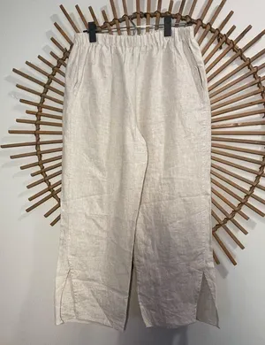 Grade & Gather Women’s Beige Linen Cropped Pants w Side Slit LNC Coastal Ltwght thumbnail 1