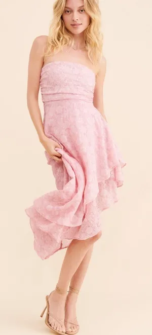 En Elly By Anthropologie Strapless Hi-Low Jacquard Cocktail Dress Pink Floral M thumbnail 1
