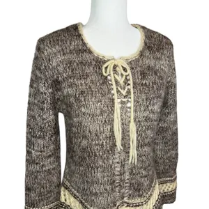 Folk Mohair‎ Blend Fringe Sweater L Boho Lace Up Knit Large Earthy Tribal Boho thumbnail 3