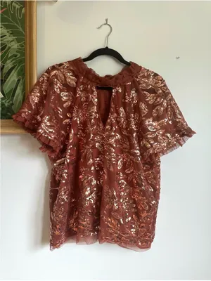 Anthropologie Floral Sequin Rust Orange Ruffle Tie Blouse Womens Large thumbnail 2