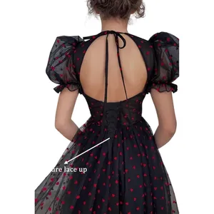 Heart Print Tulle Corset‎ Midi Dress Small Black Red Goth Coquette Prom Formal thumbnail 3