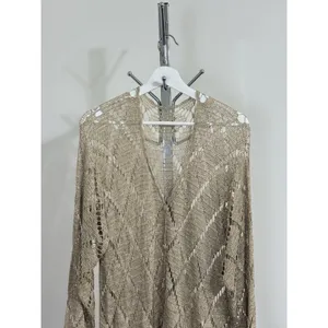 Womens Crochet Knit Cardigan Long Duster Metallic Beige Fringe Boho Cover Up L thumbnail 10