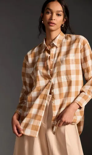 Anthropologie MAEVE Bennet Buttondown Buffalo Check Shirt Brown White Small thumbnail 1